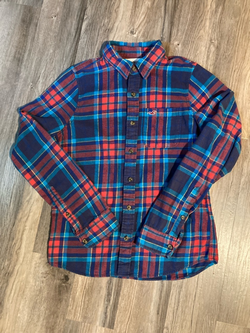 Hollister Navy, Red & Teal Plaid Flannel Shirt